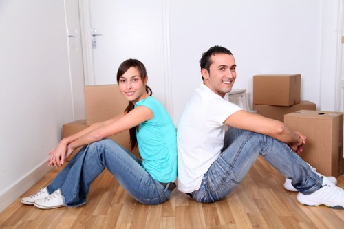 Packed office items ready for transport during a commercial relocation
